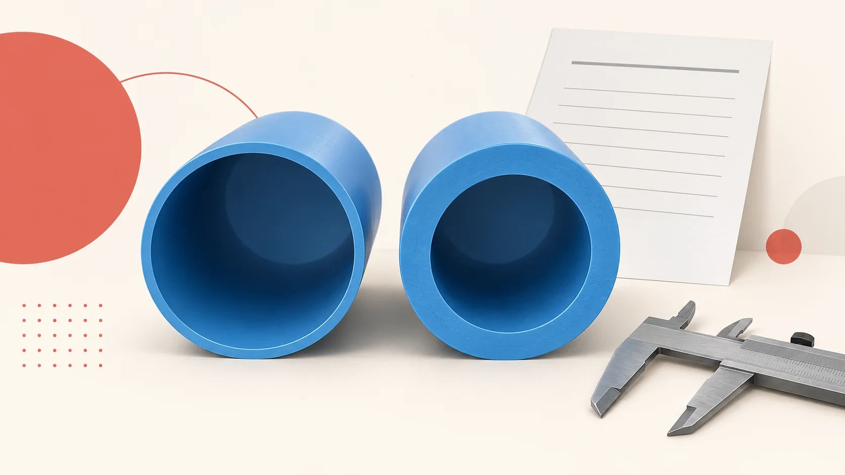 Conceptual illustration of two blue pipe cross sections and a caliper beside an unlabelled document