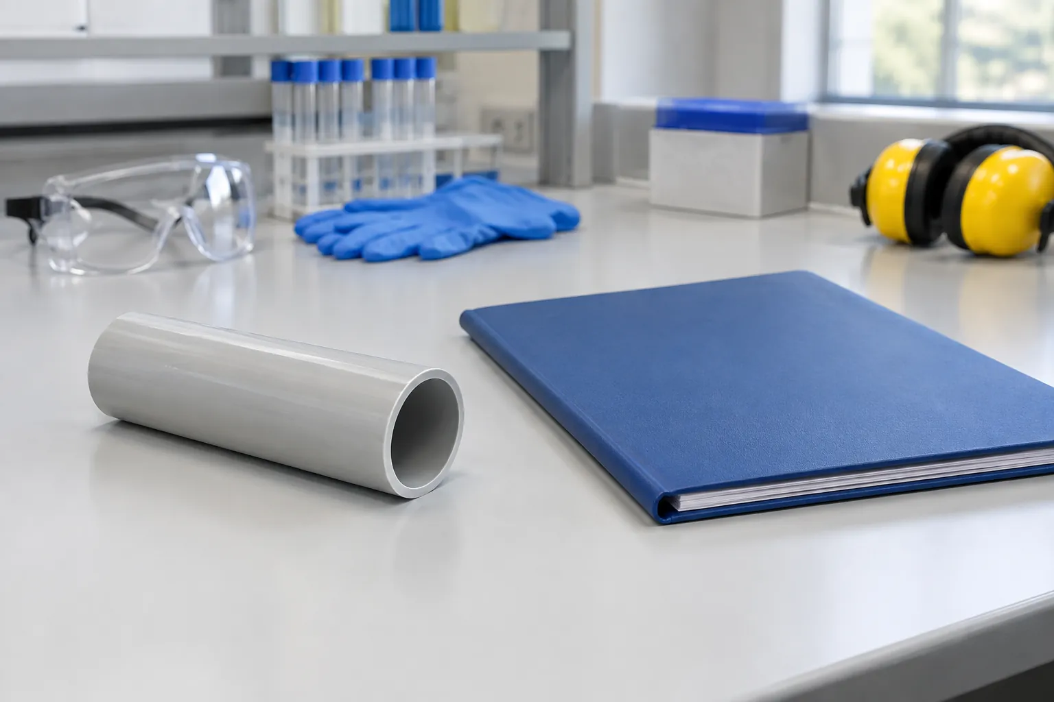 Illustration of an unlabelled pipe specimen beside a blank laboratory report folder