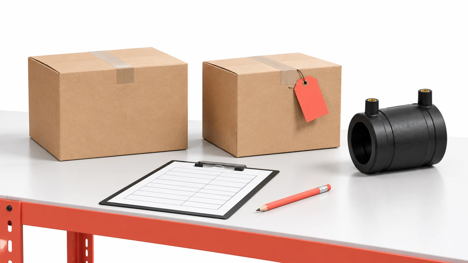 Conceptual editorial cover of cartons, inventory sheet and an electrofusion coupling illustration